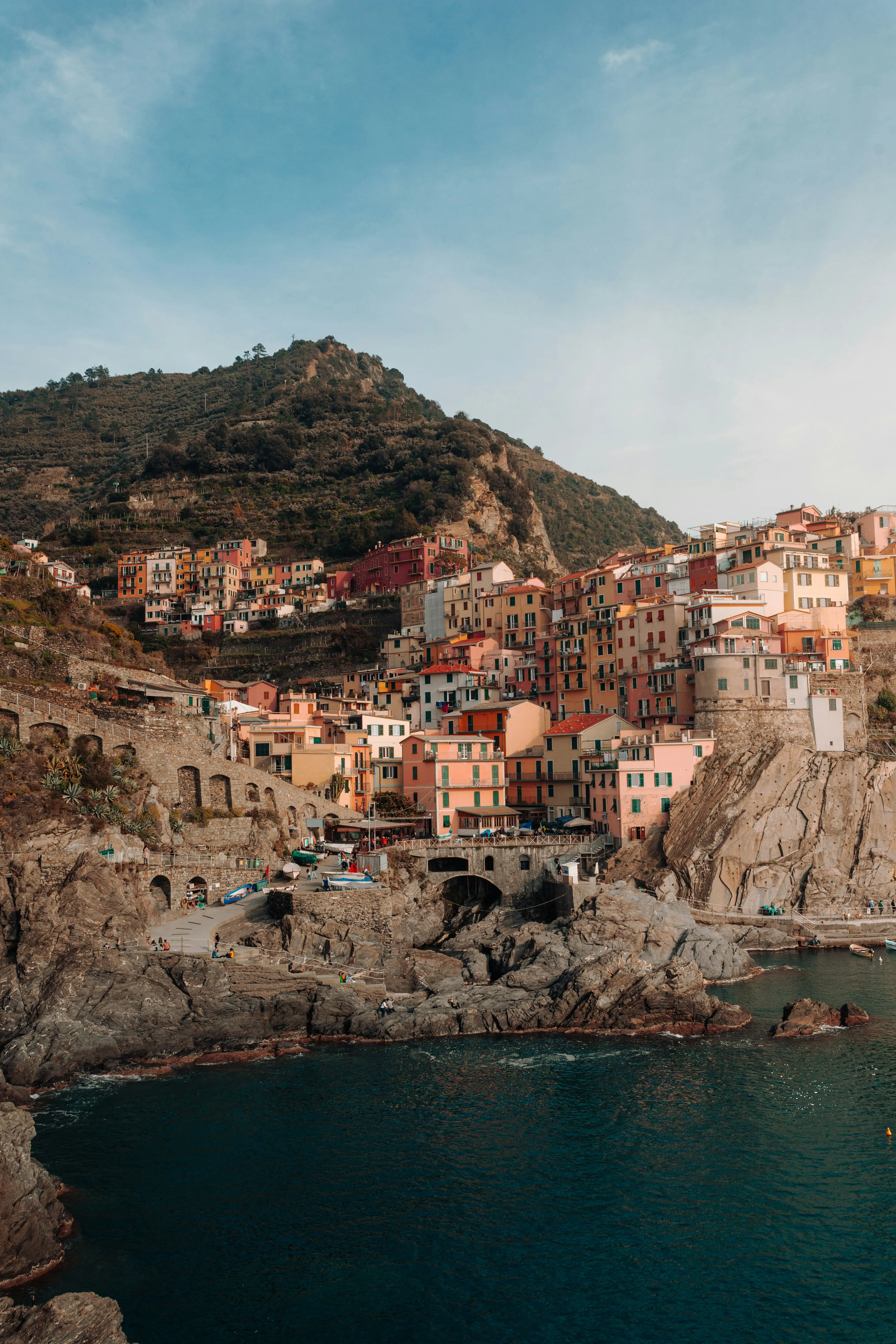 Colorful cliffside village and coastline in Cinque Terre overlooking the sea